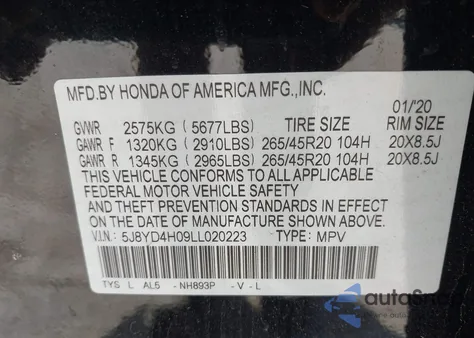 2020 Acura Mdx Technology A-Spec Packages from USA, damaged, VIN 5J8YD4H09LL020223
